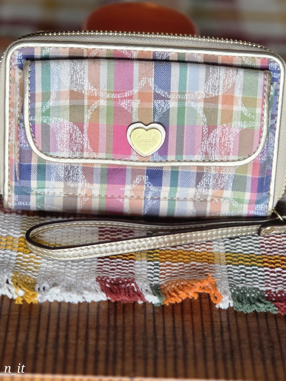 Coach Poppy Madras Plaid Zip Around Wallet/Wristlet